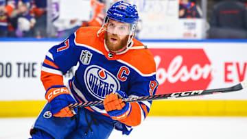 Jun 21, 2024; Edmonton, Alberta, CAN; Edmonton Oilers center Connor McDavid (97) skates during the warmup period against the Florida Panthers in game six of the 2024 Stanley Cup Final at Rogers Place. Mandatory Credit: Sergei Belski-Imagn Images