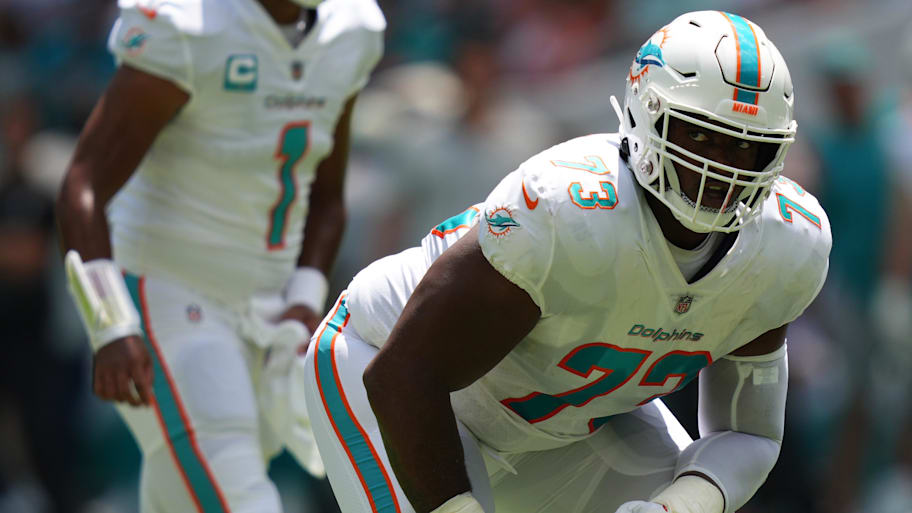 Tackle Austin Jackson during the first half of the game against the New England Patriotsat Hard Rock Stadium in 2023. | Jasen Vinlove-USA TODAY Sports