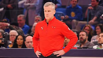 Jan 23, 2025; San Francisco, California, USA; Chicago Bulls head coach Billy Donovan on the sideline during the first quarter at Chase Center. Mandatory Credit: Kelley L Cox-Imagn Images
