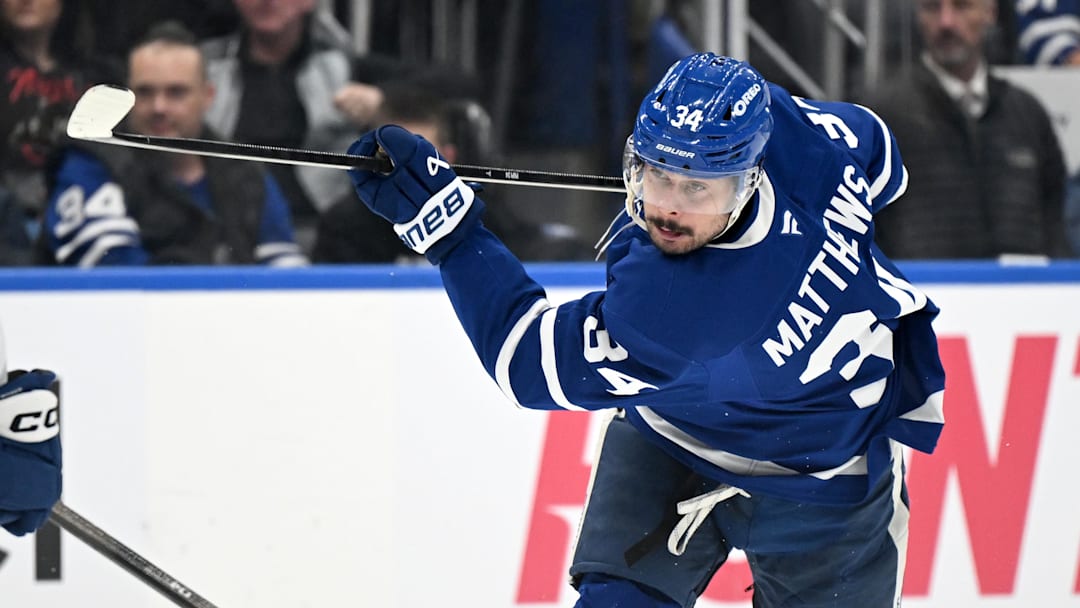 Mar 7, 2026; Toronto, Ontario, CAN;  Toronto Maple Leafs forward Auston Matthews (34) shoots the puck against the Tampa Bay Lightning in the third period at Scotiabank Arena. Mandatory Credit: Dan Hamilton-Imagn Images