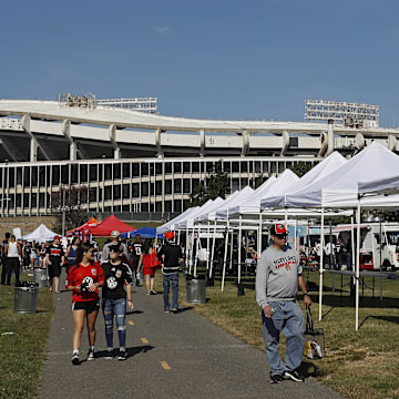 Oct 22, 2017; Washington, DC, USA; Fan tailgate outside Robert F. Kennedy Memorial Stadium prior to the game between New York Red Bulls and D.C. United. It is the final game at RFK Stadium. Mandatory Credit: Geoff Burke-Imagn Images