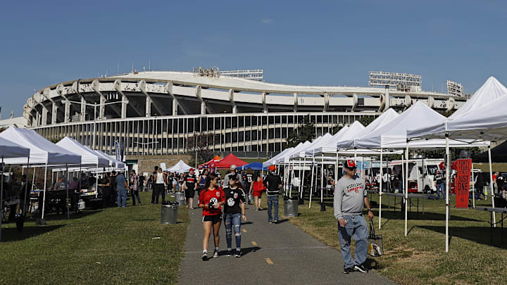 Oct 22, 2017; Washington, DC, USA; Fan tailgate outside Robert F. Kennedy Memorial Stadium prior to the game between New York Red Bulls and D.C. United. It is the final game at RFK Stadium. Mandatory Credit: Geoff Burke-Imagn Images