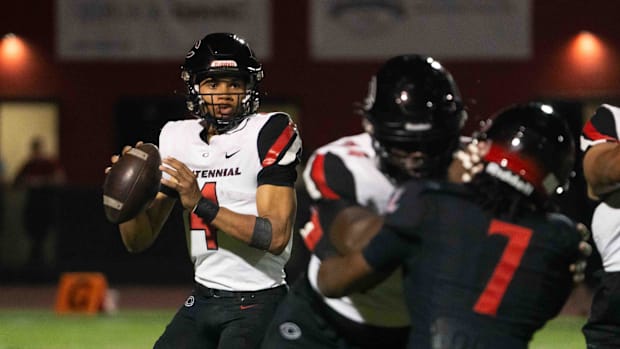 Centennial Huskies Quarterback Husan Longstreet (4) prepares to pass the ball at Liberty High School on Sept. 21, 2024, in Pe