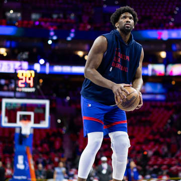 Apr 25, 2024; Philadelphia, Pennsylvania, USA; Philadelphia 76ers center Joel Embiid warms up before game three of the first round for the 2024 NBA playoffs against the New York Knicks at Wells Fargo Center. Mandatory Credit: Bill Streicher-USA TODAY Sports