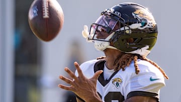 Jacksonville Jaguars wide receiver Joshua Cephus (80) hauls in a pass during the Jaguars 14th NFL training camp session at Miller Electric Center Tuesday August 12, 2025 in Jacksonville, Fla. The Jaguars travel to New Orleans to play the Saints this Sunday in their second preseason game. [Doug Engle/Florida Times-Union]