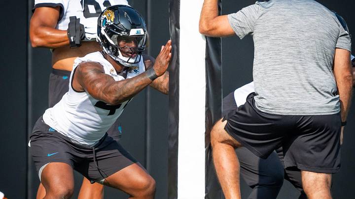 Jacksonville Jaguars defensive end Josh Hines-Allen (41) runs through drills during the seventh organized team activity at the Miller Electric Center in Jacksonville, Fla. Monday, June 2, 2025. [Doug Engle/Florida Times-Union]