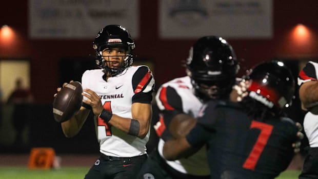 Centennial Huskies Quarterback Husan Longstreet (4) prepares to pass the ball at Liberty High School on Sept. 21, 2024