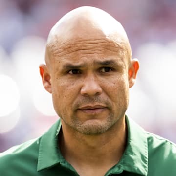 Nov 22, 2025; Tucson, Arizona, USA; Baylor Bears head coach Dave Aranda against the Arizona Wildcats at Casino Del Sol Stadium. Mandatory Credit: Mark J. Rebilas-Imagn Images