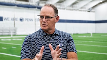 First-year Penn State football defensive coordinator Tom Allen answers a question from a reporter during an interview in Holuba Hall on Thursday, June 13, 2024, in State College.