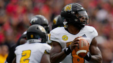 Kennesaw State Owls quarterback Xavier Shepherd (8) drops back to throw a pass in the first quarter of the NCAA football game between the Cincinnati Bearcats and the Kennesaw State Owls at Nippert Stadium in Cincinnati on Saturday, Sept. 10, 2022.

Kennesaw State Owls At Cincinnati Bearcats Football