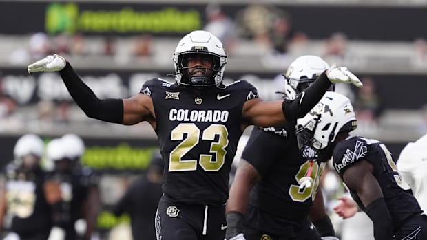 Colorado Buffaloes safety Carter Stoutmire (23) reacts following a turnover in the second half against the Delaware Fightin B
