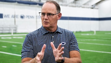 First-year Penn State football defensive coordinator Tom Allen answers a question from a reporter during an interview in Holuba Hall.