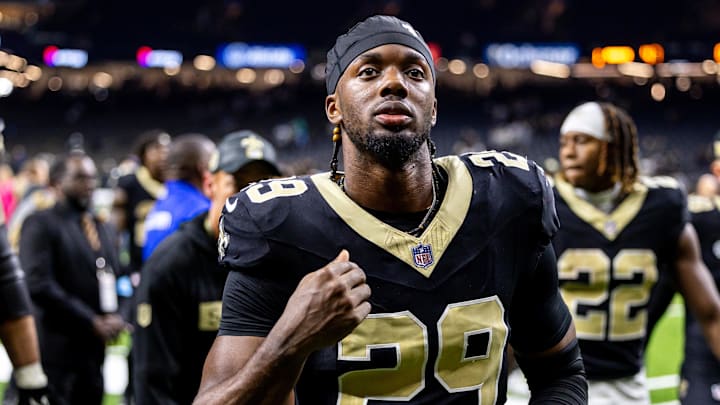 Sep 8, 2024; New Orleans, Louisiana, USA; New Orleans Saints cornerback Paulson Adebo (29) heads to the locker room after the game against the Carolina Panthers at Caesars Superdome. Mandatory Credit: Stephen Lew-Imagn Images