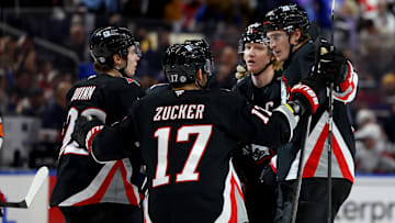 Jan 6, 2025; Buffalo, New York, USA;  Buffalo Sabres center Tage Thompson (72) celebrates his goal with teammates during the second period against the Washington Capitals at KeyBank Center. Mandatory Credit: Timothy T. Ludwig-Imagn Images