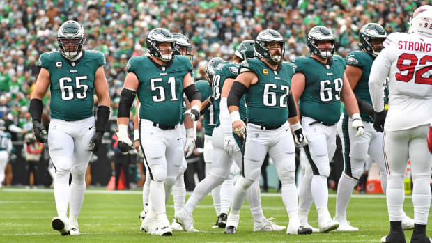 Philadelphia Eagles offensive tackle Lane Johnson (65),  center Cam Jurgens (51), center Jason Kelce (62) and guard Landon Di