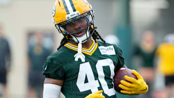 Green Bay Packers safety Omar Brown runs through a drill during  training camp on July 24, 2025.