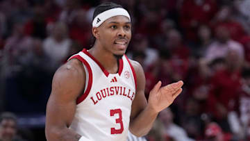 Louisville Cardinals guard Ryan Conwell (3) reacts after his team scores against the Indiana Hoosiers during a game Saturday, Dec. 6, 2025, at Gainbridge Fieldhouse in Indianapolis. Louisville defeated Indiana 87-78.