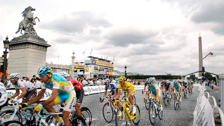 Alberto Contador, in yellow, during stage twenty of the Tour de France between Longjumeau and Paris.  