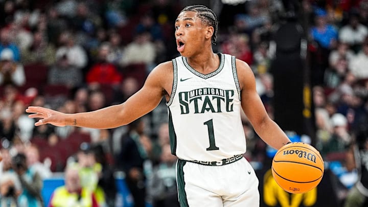 Michigan State guard Jeremy Fears Jr. (1) looks to pass the ball against UCLA during the first half of Big Ten tournament quarterfinal at United Center in Chicago on Friday, March 13, 2026.