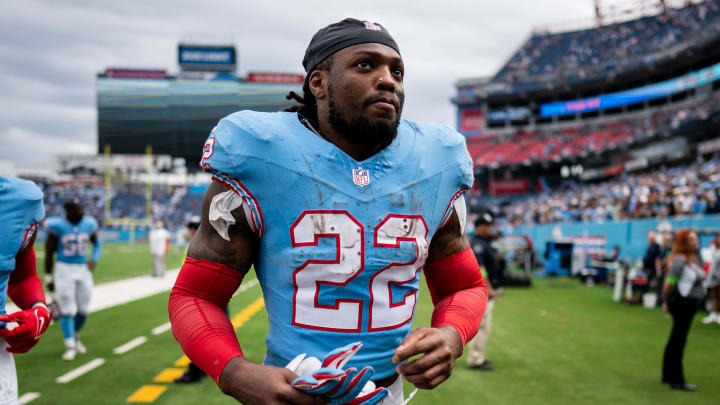 Tennessee Titans running back Derrick Henry (22) heads to the locker room after defeating the Atlanta Falcons at Nissan Stadium in Nashville, Tenn., Sunday, Oct. 29, 2023.