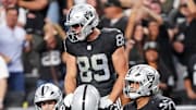 Nov 2, 2025; Paradise, Nevada, USA; Las Vegas Raiders tight end Brock Bowers (89) celebrates after a touchdown during the second half against the Jacksonville Jaguars at Allegiant Stadium. Mandatory Credit: Kirby Lee-Imagn Images