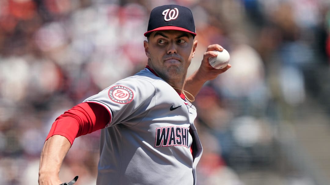 Aug 10, 2025; San Francisco, California, USA; Washington Nationals starting pitcher MacKenzie Gore (1) throws a pitch against the San Francisco Giants during the first inning at Oracle Park. Mandatory Credit: Darren Yamashita-Imagn Images Aug 10, 2025; San Francisco, California, USA; Washington Nationals starting pitcher MacKenzie Gore (1) throws a pitch against the San Francisco Giants during the first inning at Oracle Park. Mandatory Credit: Darren Yamashita-Imagn Images