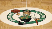 Jan 25, 2022; Boston, Massachusetts, USA; The Boston Celtics logo is seen on the parquet floor