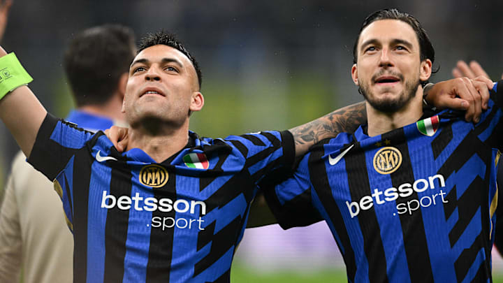 Lautaro Martínez (left) and Matteo Darmian celebrate Inter Milan's victory over Barcelona in the Champions League semifinals.