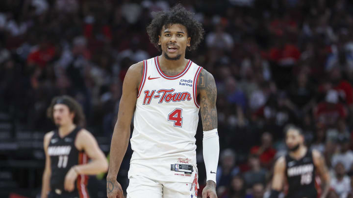 Apr 5, 2024; Houston, Texas, USA; Houston Rockets guard Jalen Green (4) reacts after a play during the fourth quarter against the Miami Heat at Toyota Center. Mandatory Credit: Troy Taormina-USA TODAY Sports