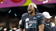 Philadelphia Eagles running back Saquon Barkley (26) celebrates after defeating the Kansas City Chiefs during Super Bowl LIX at Ceasars Superdome.