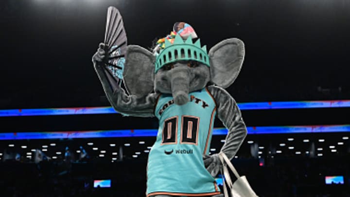 New York Liberty's mascot Ellie performs during halftime.