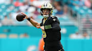 Nov 30, 2025; Miami Gardens, Florida, USA; New Orleans Saints quarterback Tyler Shough (6) passes the ball against the Miami Dolphins during the second half at Hard Rock Stadium. Mandatory Credit: Rich Storry-Imagn Images