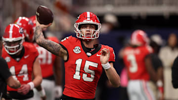 Dec 7, 2024; Atlanta, GA, USA; Georgia Bulldogs quarterback Carson Beck (15) practices before the 2024 SEC Championship game at Mercedes-Benz Stadium. Mandatory Credit: Brett Davis-Imagn Images