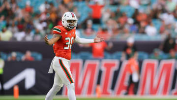 Oct 28, 2023; Miami Gardens, Florida, USA; Miami Hurricanes kicker Andres Borregales (30) reacts after scoring a field goal against the Virginia Cavaliers during the fourth quarter at Hard Rock Stadium. Mandatory Credit: Sam Navarro-USA TODAY Sports