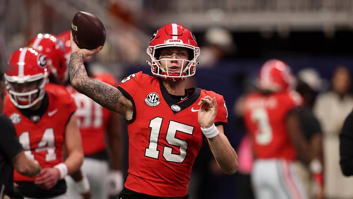 Dec 7, 2024; Atlanta, GA, USA; Georgia Bulldogs quarterback Carson Beck (15) practices before the 2024 SEC Championship game at Mercedes-Benz Stadium. Mandatory Credit: Brett Davis-Imagn Images