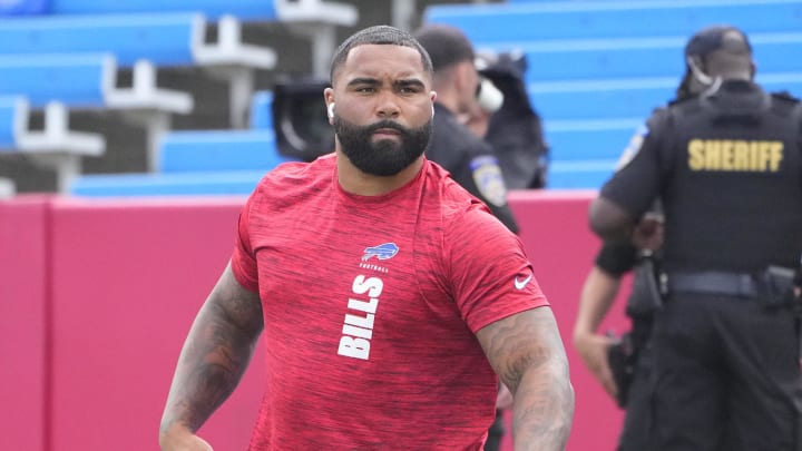 Aug 10, 2024; Orchard Park, New York, USA; Buffalo Bills defensive tackle Gable Steveson (61) prior to the game against the Chicago Bears at Highmark Stadium. Mandatory Credit: Gregory Fisher-USA TODAY Sports