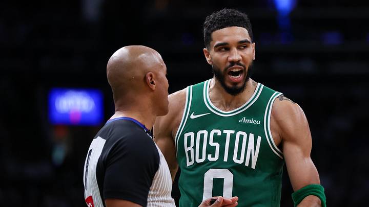 Boston Celtics forward Jayson Tatum (0) argues with the referee during the second half against the Golden State Warriors at TD Garden.