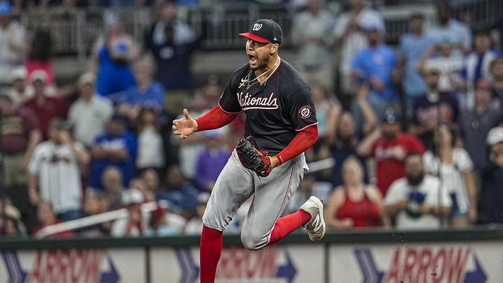 May 24, 2026; Cumberland, Georgia, USA; Washington Nationals pitcher Orlando Ribalta (64) reacts after the final out against the Atlanta Braves during the ninth inning at Truist Park. Mandatory Credit: Dale Zanine-Imagn Images