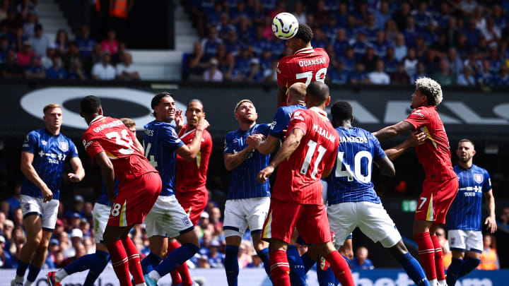 Jarell Quansah rises highest attacking a Liverpool corner