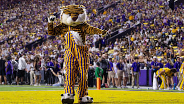 Sep 28, 2024; Baton Rouge, Louisiana, USA; LSU Tigers mascot Mike the Tiger performs during the second quarter against the South Alabama Jaguars at Tiger Stadium. 