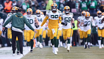 Jan 12, 2025; Philadelphia, Pennsylvania, USA; Green Bay Packers safety Xavier McKinney (29) before action against the Philadelphia Eagles in an NFC wild card game at Lincoln Financial Field. Mandatory Credit: Bill Streicher-Imagn Images
