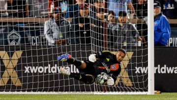 Aug 5, 2024; Commerce City, Colorado, USA; Colorado Rapids goalkeeper Zack Steffen (95) makes a save on an overtime penalty kick shootout against Leon at Dick's Sporting Goods Park. Mandatory Credit: Isaiah J. Downing-USA TODAY Sports