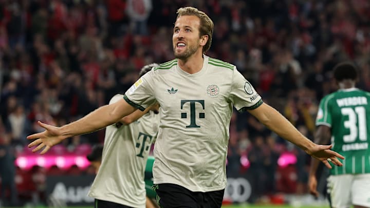 Harry Kane celebrating after scoring for Bayern Munich against Werder Bremen.