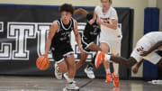 Augusta's TSF Elijah Crawford (1) dribbles during The Skill Factory and Team Takeover game at Peach