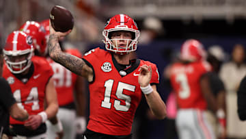 Dec 7, 2024; Atlanta, GA, USA; Georgia Bulldogs quarterback Carson Beck (15) practices before the 2024 SEC Championship game at Mercedes-Benz Stadium. Mandatory Credit: Brett Davis-Imagn Images