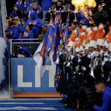 Nov 24, 2023; Boise, Idaho, USA;  Boise State Broncos defensive end Ahmed Hassanein (91) leads team onto the field prior to the first half against the Air Force Falcons at Albertsons Stadium. Mandatory Credit: Brian Losness-USA TODAY Sports