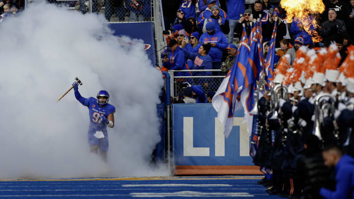 Nov 24, 2023; Boise, Idaho, USA;  Boise State Broncos defensive end Ahmed Hassanein (91) leads team onto the field prior to the first half against the Air Force Falcons at Albertsons Stadium. Mandatory Credit: Brian Losness-USA TODAY Sports