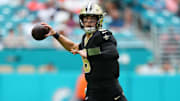 Nov 30, 2025; Miami Gardens, Florida, USA; New Orleans Saints quarterback Tyler Shough (6) passes the ball against the Miami Dolphins during the second half at Hard Rock Stadium. Mandatory Credit: Rich Storry-Imagn Images