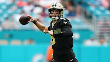 Nov 30, 2025; Miami Gardens, Florida, USA; New Orleans Saints quarterback Tyler Shough (6) passes the ball against the Miami Dolphins during the second half at Hard Rock Stadium. Mandatory Credit: Rich Storry-Imagn Images