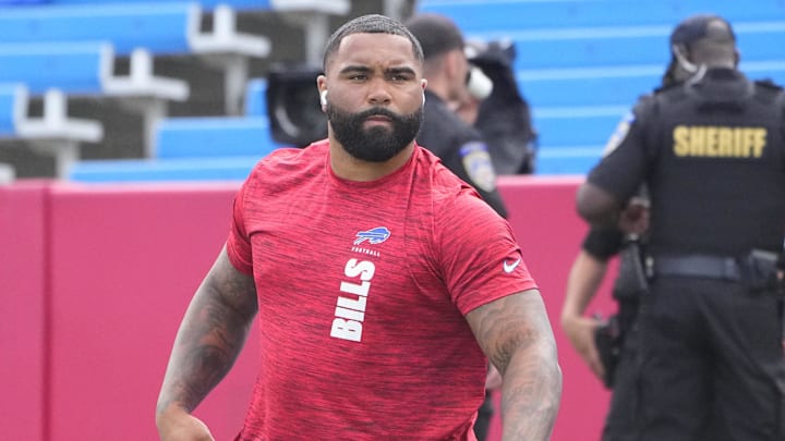 Aug 10, 2024; Orchard Park, New York, USA; Buffalo Bills defensive tackle Gable Steveson (61) prior to the game against the Chicago Bears at Highmark Stadium. Mandatory Credit: Gregory Fisher-Imagn Images